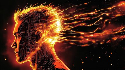 Poster - Vibrant profile of a man with a fiery digital design illustrating energy and transformation