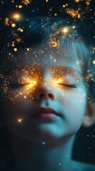 Poster - Surreal depiction of a child's face surrounded by a cosmic landscape evoking wonder and imagination