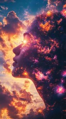 Leinwandbilder - Surreal representation of a glowing woman amidst cosmic clouds at sunset