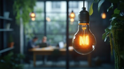 Aufkleber - Glowing light bulb illuminates workspace in modern office setting during late afternoon