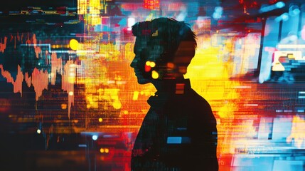 Poster - striking depiction of a trader silhouetted against a vibrant market backdrop during evening hours
