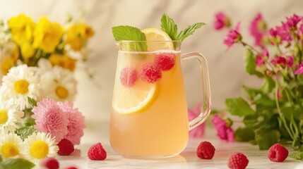 Aufkleber - Refreshing spring lemonade with raspberries and mint served in a glass pitcher surrounded by colorful flowers