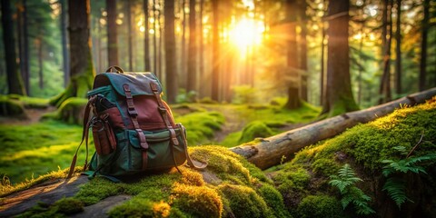 Wall Mural - Adventurer's Backpack: Wild Nature Hiking Expedition Stock Photo