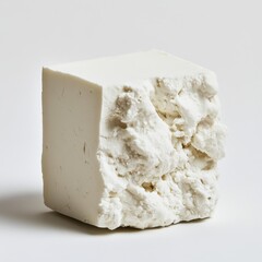 Poster - Crumbly feta cheese cube on a plain background showcasing its texture and freshness