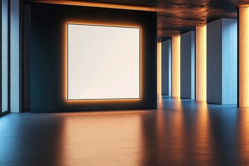 Poster - modern empty gallery room with emphasized white frame and warm lighting in a contemporary setting