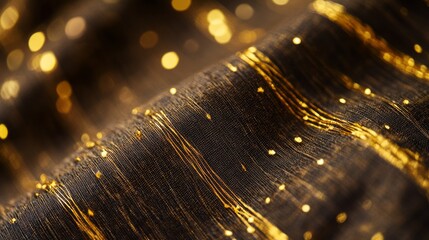 Poster - Elegant flowing fabric with shimmering gold patterns on a rich brown background creating a luxurious visual experience