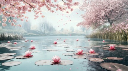 Aufkleber - Serene spring pond adorned with blooming lily pads and cherry blossom trees in full bloom