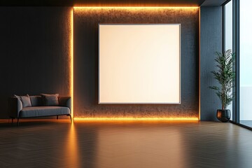 Poster - modern empty gallery room with illuminated wall and minimalist couch for artistic display or contemp