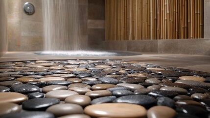 Poster - Serene bathroom featuring pebble stone flooring with a calming water feature