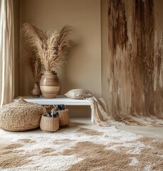 Canvas Print - Neutral tones fill this room with beige rug, woven baskets, pampas grass in vase, and textured curtain. Soft lighting creates a calm atmosphere