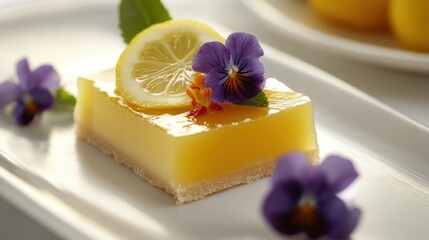 Aufkleber - Refreshing lemon tart garnished with edible flower and slices of lemon served on a white plate