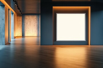 Poster - modern empty gallery room with large blank wall for artwork display, warm lighting, polished floor, 