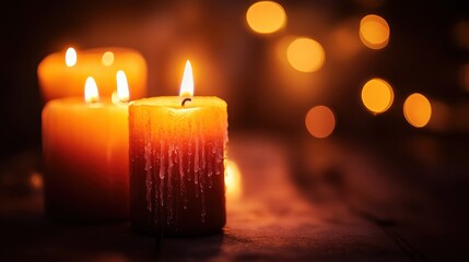 Aufkleber - Warm brown and amber bokeh lights create a cozy atmosphere with glowing candles set against a rich backdrop