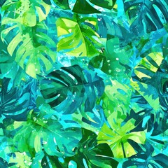 Aufkleber - Colorful tropical leaves in vibrant watercolor doodle style showcasing lush greenery and artistic patterns for lively decor
