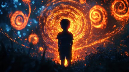Poster - Mysterious glow surrounds child standing in ethereal environment at twilight