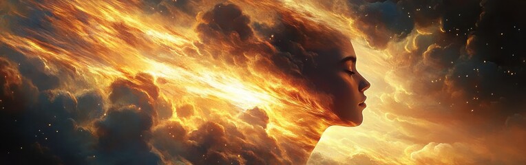 Poster - Mystical portrayal of a man's profile reflecting a fiery cosmic landscape under a starry sky
