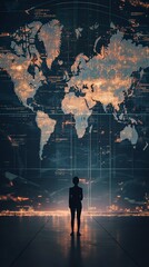 Aufkleber - Businesswoman standing in front of a digital world map, contemplating global business opportunities and making strategic decisions for international expansion