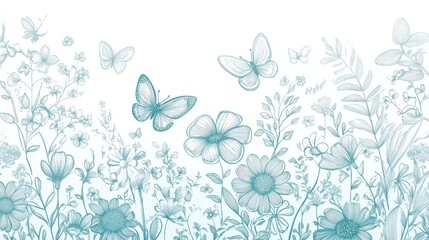 Poster - Monochromatic spring design featuring butterflies and flowers in soothing shades of blue