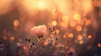 Poster - Glowing rose amidst a warm sunset creating a magical atmosphere in a blooming garden
