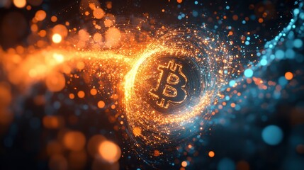 Poster - glowing bitcoin symbol intertwined in a dynamic swirl of orange and blue particles