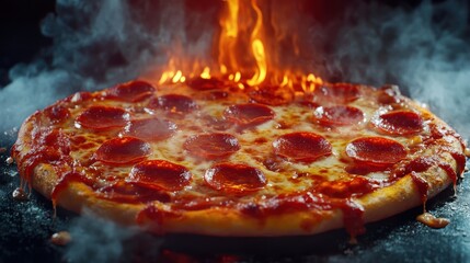 Wall Mural - a pepperoni pizza is on a grill with flames