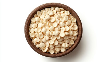 Wall Mural - Creamy off white cereal pieces in a dark brown bowl, viewed from directly above against a bright white background