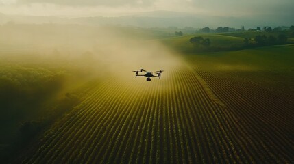 Poster - Drone sprays crops on spring farm under cloudy skies enhancing agricultural efficiency