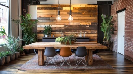 Poster - Elegant dining room featuring a rustic wooden table and stylish seating in a modern interior setting