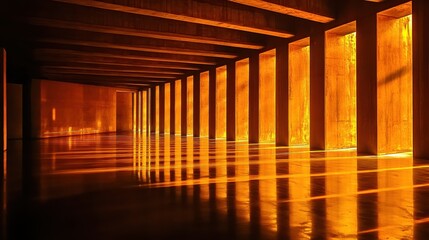 Leinwandbilder - Cinematic interior space with dramatic orange lighting emphasizing architectural lines and reflections
