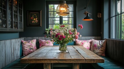 Aufkleber - Cozy dining area featuring a reclaimed wood table and floral accents in a serene setting