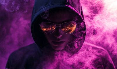 Person in a Black Hoodie with an Eerie Violet Mist, Creating a Mysterious and Intriguing Presence