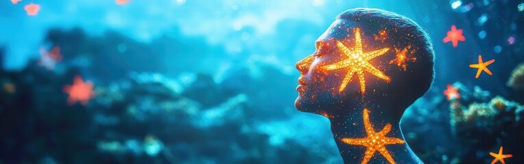 Aufkleber - Man glowing with stars under the ocean, surrounded by coral and sea life at twilight