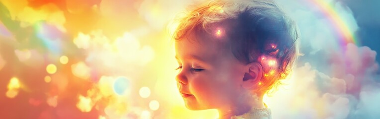 Poster - Child radiates a warm glow surrounded by colorful light amidst a dreamy backdrop