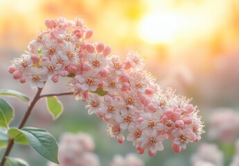 Poster - Pink and white flowers in bloom at sunset, soft light, gentle background blur. Close up view of delicate petals