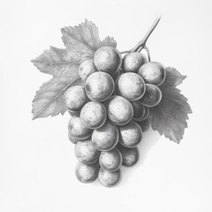 Poster - Cluster of ripe grapes with green leafy stem in a detailed botanical illustration