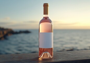 Poster - Pale pink wine bottle with blank label sits on a stone surface overlooking calm ocean at sunset. Warm light enhances the tranquil coastal scene