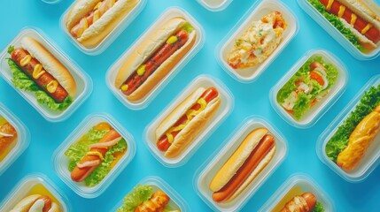 Wall Mural - a bunch of hot dogs in plastic containers