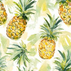 Poster - Bold doodle cartoon watercolor of pineapples in a vibrant pattern showcasing tropical fruit elements