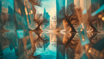 Poster - reflections of a city skyline at sunset with twisted trees and abstract colors in a serene urban set
