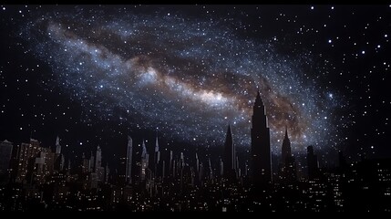 Poster - A holographic representation of the Milky Way galaxy appearing above a city's skyline 