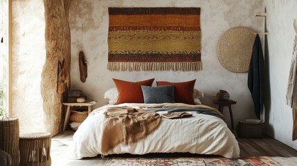 Aufkleber - Boho-style bedroom featuring handwoven textiles and natural decor for a cozy retreat