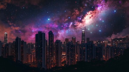 Poster - A holographic representation of the Milky Way galaxy appearing above a city's skyline 