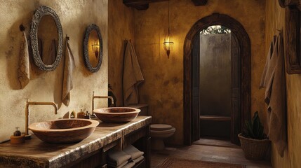 Poster - Warm and inviting bathroom with textured plaster walls and natural decor creates a cozy retreat