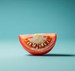 Wall Mural - Close up view of a juicy red tomato slice against a teal background, highlighting its seeds and texture