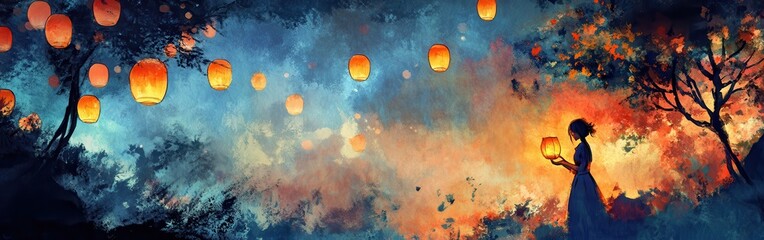 Aufkleber - Lanterns illuminating a serene evening as a figure holds a glowing lantern in a watercolor landscape