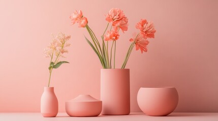 Poster - Elegant arrangement of coral flowers in soft-toned vases on a pastel coral background
