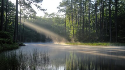 Poster - Fog blankets a serene lake surrounded by tall trees in the morning light