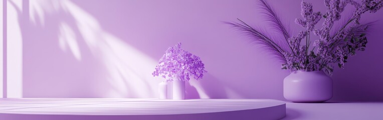 Poster - Elegant display of purple flowers on minimalist surface in softly lit room showcasing monochromatic tones