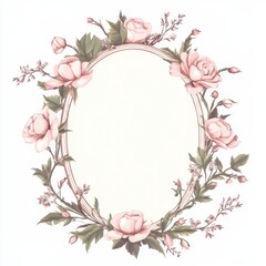 Aufkleber - Delicate floral garland featuring pink roses and greenery in an oval design suitable for various decorative uses