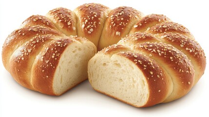 Sticker - Close up view of a golden brown, sliced bread ring, showing a soft, light colored interior. The bread is speckled with sesame seeds and has a rustic